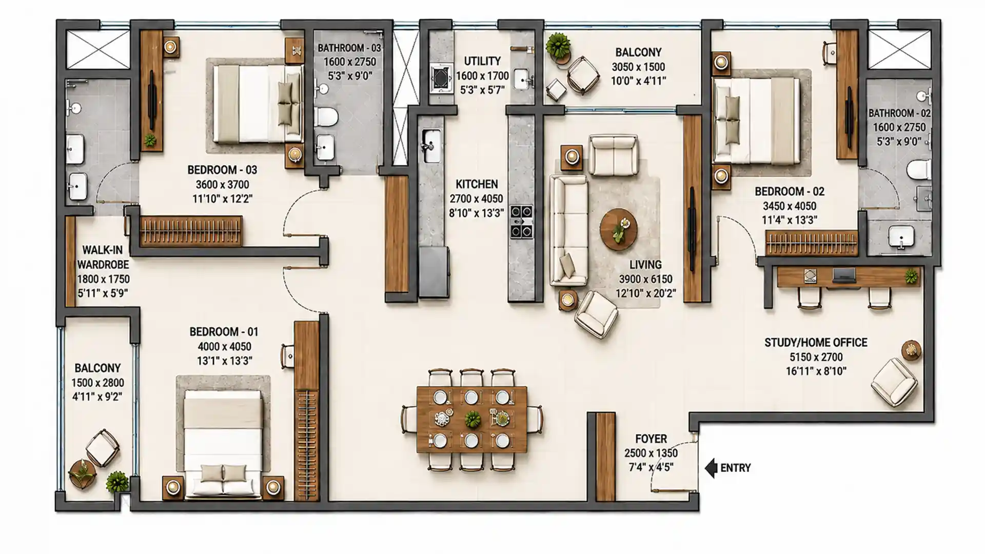 3 BHK Floor Plan