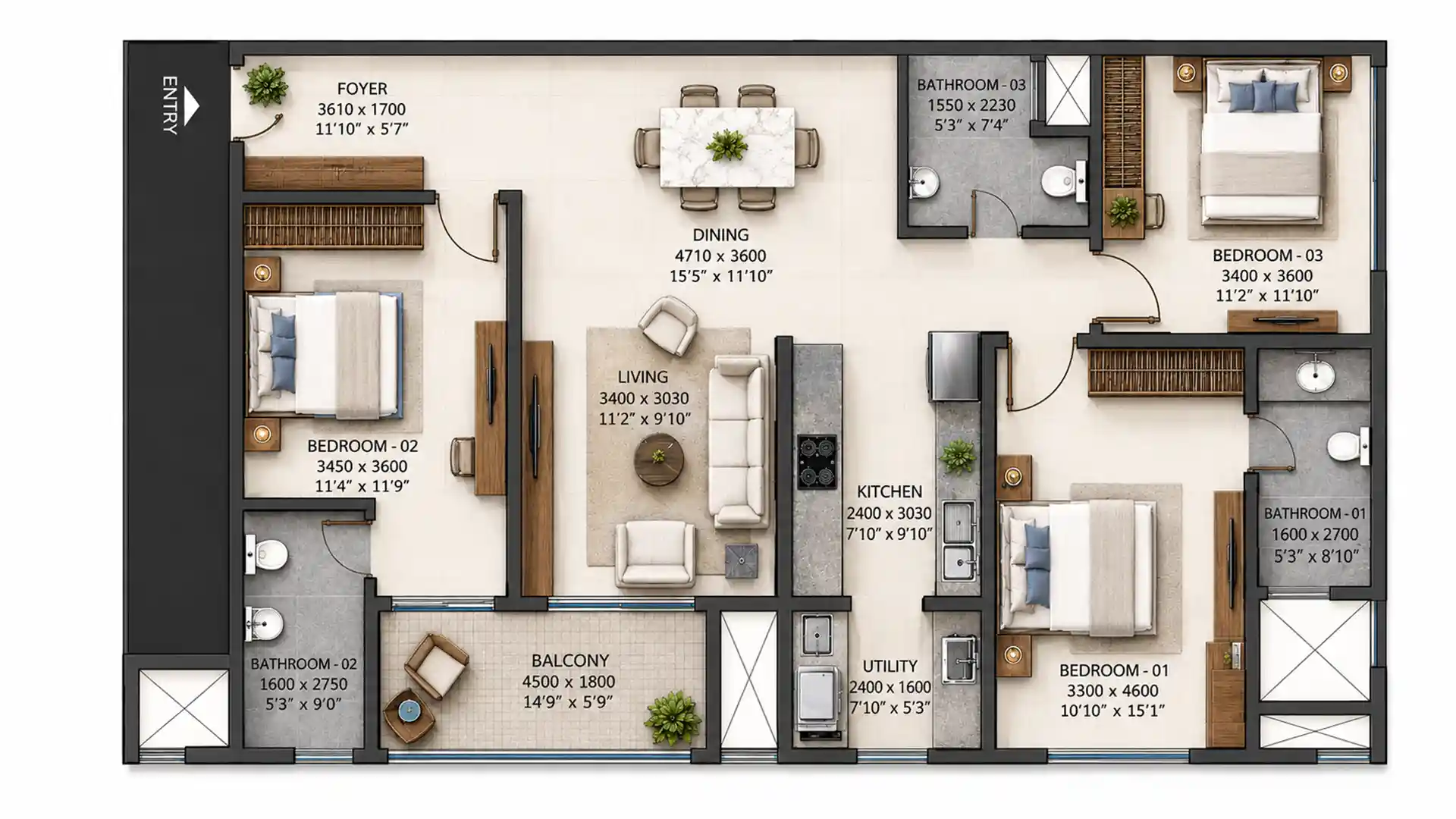 3 BHK Floor Plan