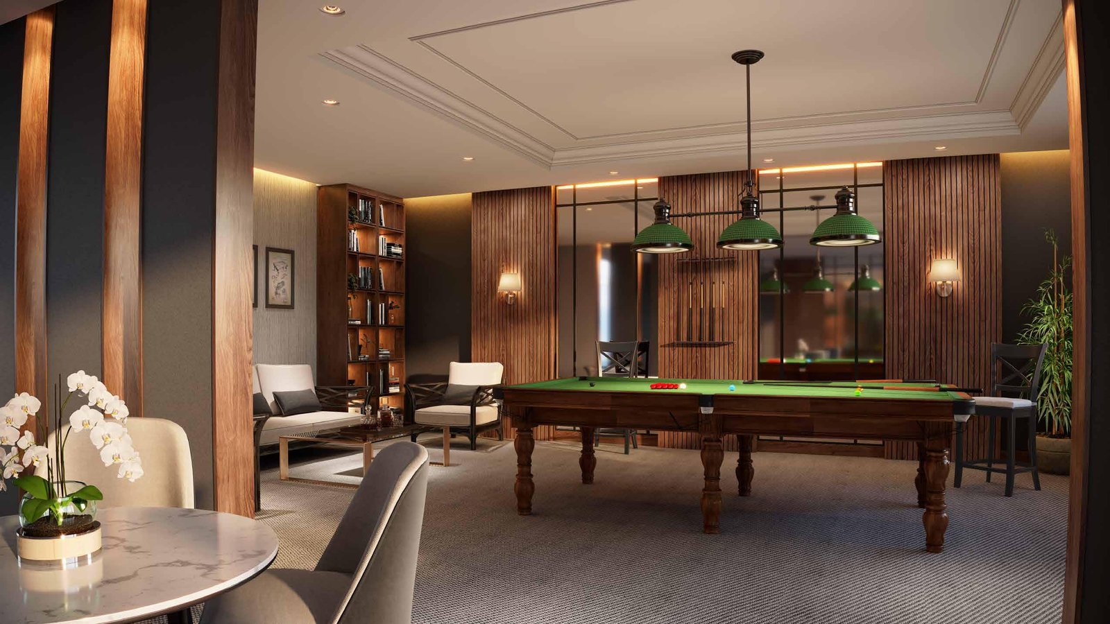 Luxurious hotel lobby interior with large chandelier, marble walls, and reception desk