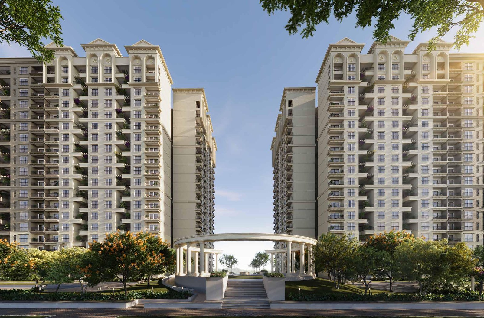 Exterior view of Sobha Neopolis showing modern architecture with lush greenery and towers