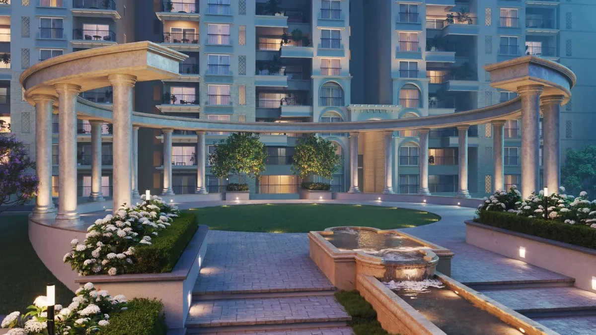 Three modern towers with glass balconies and green surroundings